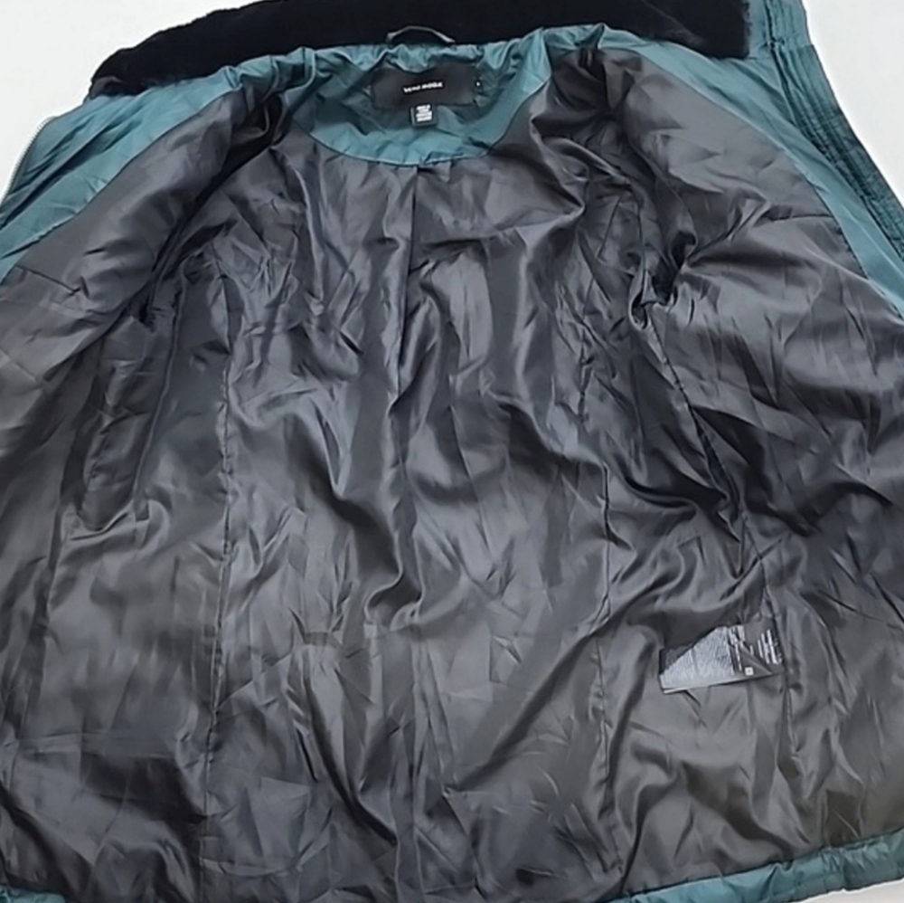 Vero Moda Women's Quilted Winter Emerald Green Jacket Black Faux Fur Collar M - Picture 10 of 14